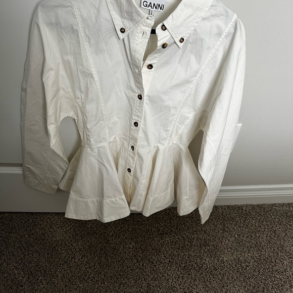 Ganni Egret Button-Up Peplum Blouse - Picture 3 of 7
